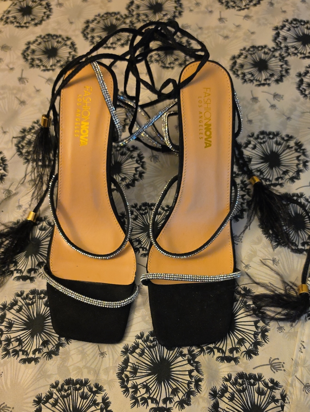 Fashion Nova Black Rhinestone Lace-Up Block Heel Sandals